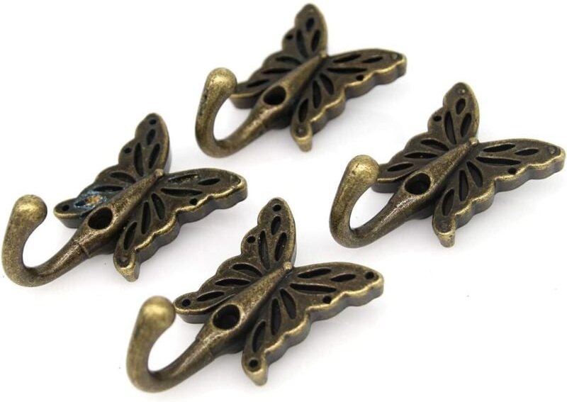 Set mit 4 Wandhaken im Schmetterlings-Design im Vintage-Stil aus antikem Messing, Kleiderbügel zur Wandmontage für Mänte...