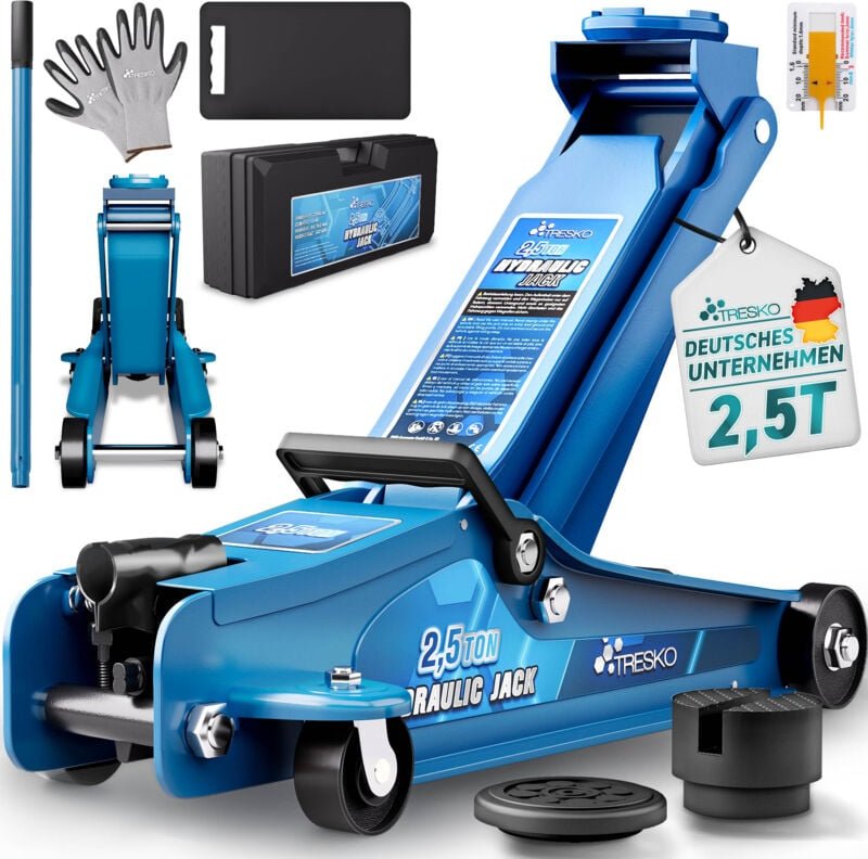 TRESKO® Wagenheber hydraulisch 2,5T Hubhöhe 85-385mm mit Tragekoffer Hydraulik KFZ Rangierwagenheber flach für tiefergel...