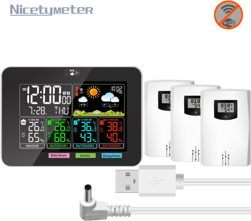 Kabellose Wetterstation mit 3 Sensoren, digitales Thermometer/Hygrometer für drinnen und draußen, Farb-LCD-Display, mit ...