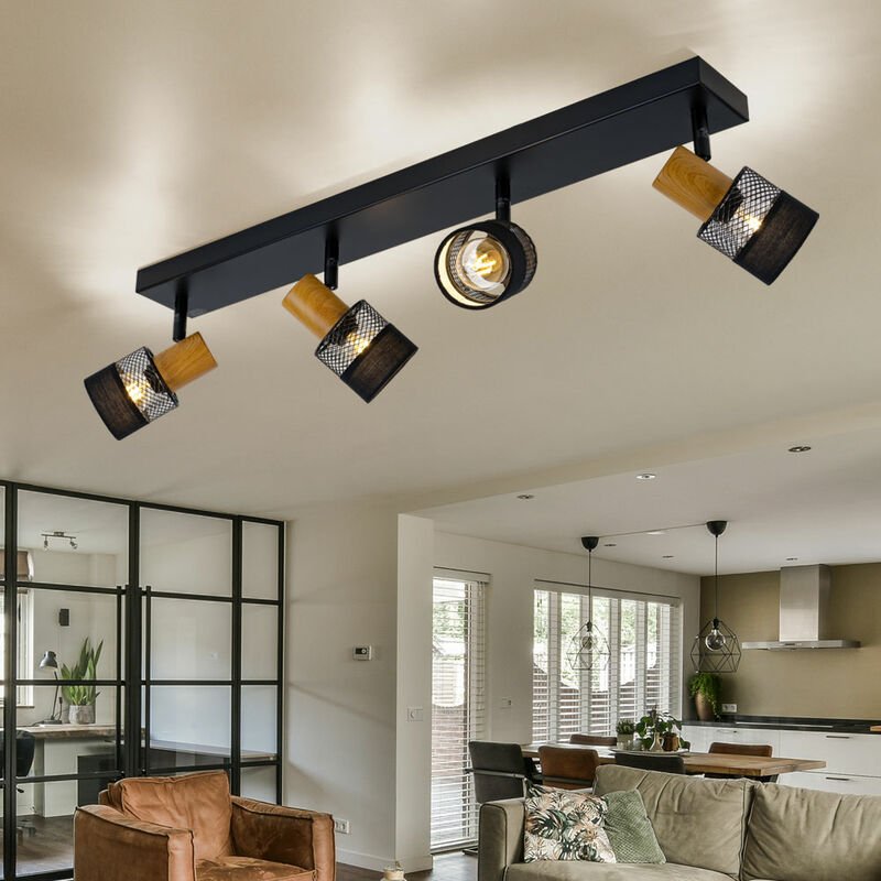 Thumbnail - Deckenleuchte 4 flammig Wohnzimmerlampe Spotleuchte beweglich Holzoptik, Eisen Stahl schwarz, 4x E14, LxBxH 65x8x17 cm W...