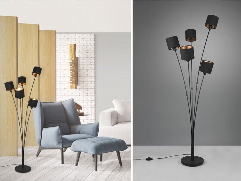 Thumbnail - Led Stehleuchte 5 flammig Metall, Stoffschirm Schwarz Gold, Höhe 163cm