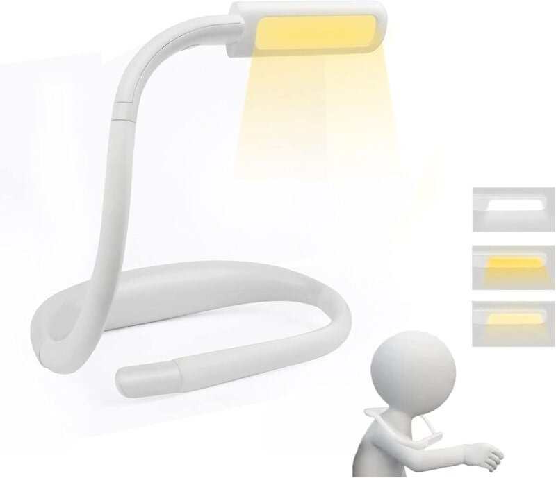 Wiederaufladbares Leselicht zum Umhängen, LED-Leselampe, einstellbare Helligkeit, 3 Farben, flexibler Arm, weiß