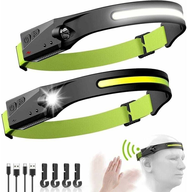 Stirnlampe, 2 Stück LED-Stirnlampe, wiederaufladbar über USB, COB XPE, induktionswasserdicht, LED-Stirnlampe, 5 Beleucht...