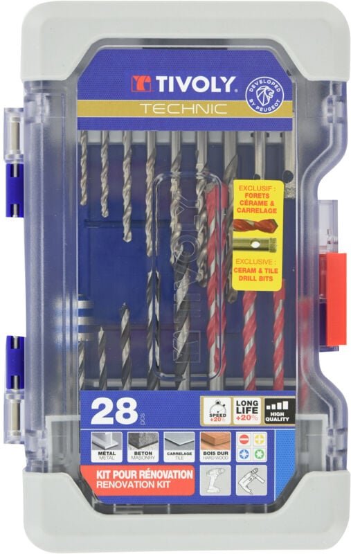 28-teiliger Koffer: 8 Metallbohrer, 4 Beton-/Fliesenbohrer, 6 Holzbohrer, 2 Wasser-Diamantbohrer, 7 Schraub-Bits, 1 magn...