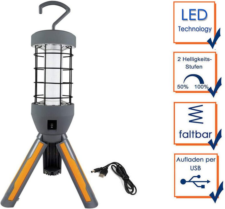 REV - Akku Arbeitsleuchte 12,5 Watt mit klappbarem Standfuß, usb Ladekabel Höhe 37cm