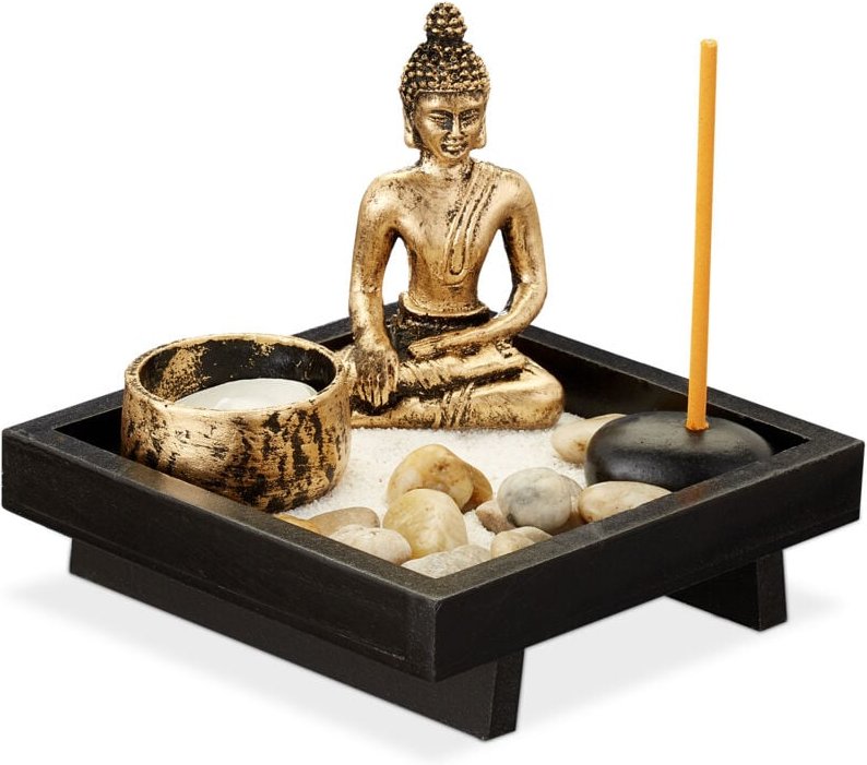 Thumbnail - 2 x Zen Garten, mit Buddha, Steinen, Sand, Räucherstäbchen & Teelichthalter, Entspannung, Feng Shui Deko, schwarz