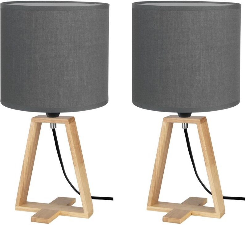 Nuts - (2 uds) Lámpara de Mesa de Estilo Nórdico. Para Mesita de Noche de Madera Natural y Textil de Color Gris. E27