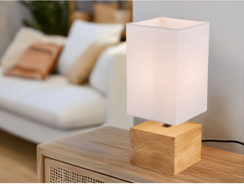 Led Tischleuchte Holzfuß mit Stoffschirm in Weiß, Höhe 30cm