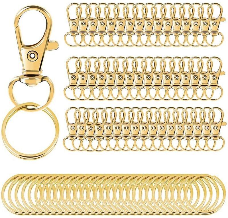 100 Stück drehbare Schlüsselanhänger (50 Karabiner und 50 Schlüsselringe), drehbarer Karabiner mit Karabinerhaken (gold)
