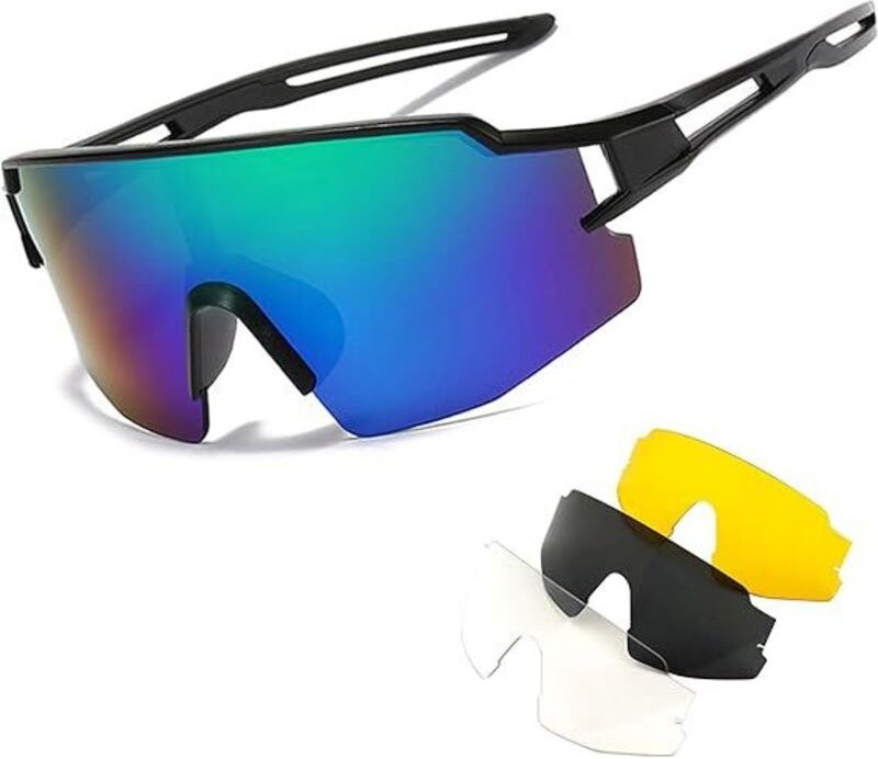 Radbrillen für Damen und Herren mit 3 austauschbaren Gläsern, UV-400-Schutz, Hochleistungs-Sonnenbrillen, Sportbrillen f...