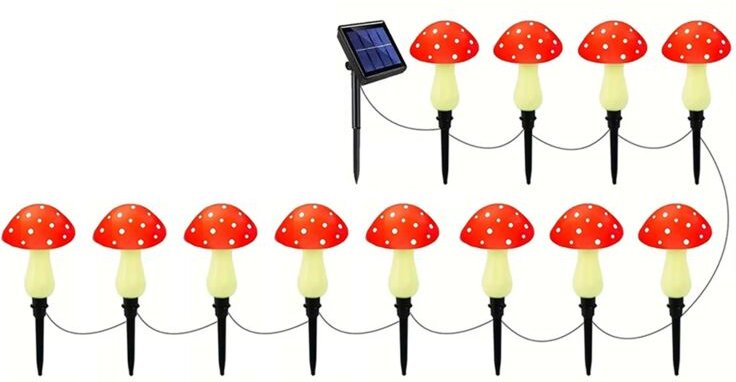 Solar-Lichterkette mit Pilzmotiv, für den Außenbereich, Dekoration für Gartenwege, 12 Stück