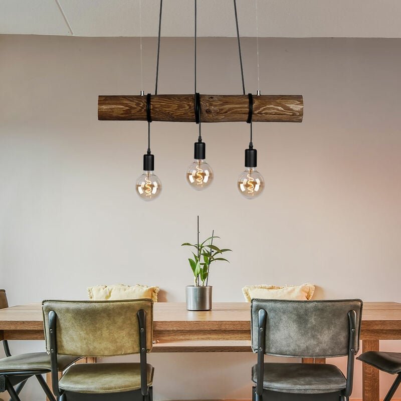 Hängelampe Esstisch Pendelleuchte schwarz Wohnzimmerlampe Holzbalken, Hängeleuchte 3-flammig Landhaus Höhenverstellbar, ...