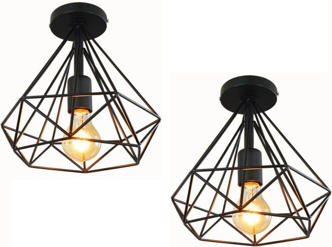 2er Deckenleuchte Vintage Semi-Flush Mount Deckenlampe mit Diamant Form Käfig Antik Licht E27 Lampenfassung für Loft Ess...