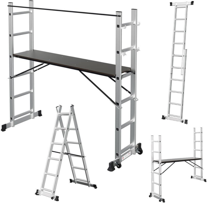 Randaco Arbeitsgerüst Alu Mehrzweckleiter 2x6 Stufen Multifunktionsleiter A-Rahmenleiter Multigerüst Baugerüst bis 150kg...