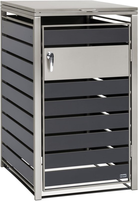 Zelsius - Mülltonnenbox für eine Mülltonne Anthrazit, Tür in Holzoptik Edelstahl