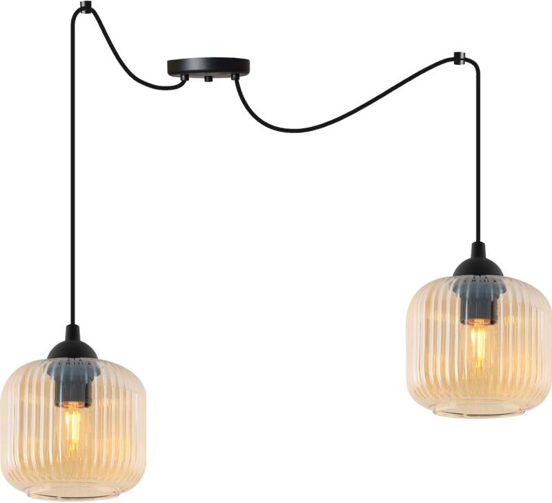 Riffle Spider Hängelampe Schwarz 2 Flache Honig-Lampenschirme Zylinder E27