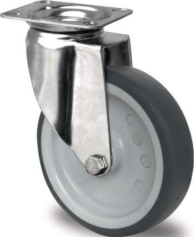 Lenkrolle Rad-Ø 125 mm Tragfähigkeit 100 kg mit Anschraubplatte Plattenbreite 70 mm Gleitlager Edelstahl tpe