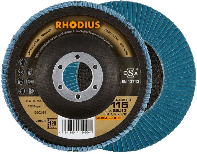 RHODIUS LGZ F3, 10 Stück, 115 mm, Korn 120, Fächerschleifscheibe