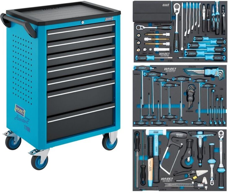 Hazet Werkstattwagen Assistent 176N-7, Sortiment, 136-tlg., Schubladen, flach: 5× 81 x 522 x 348 mm, Schubladen, hoch: 2...