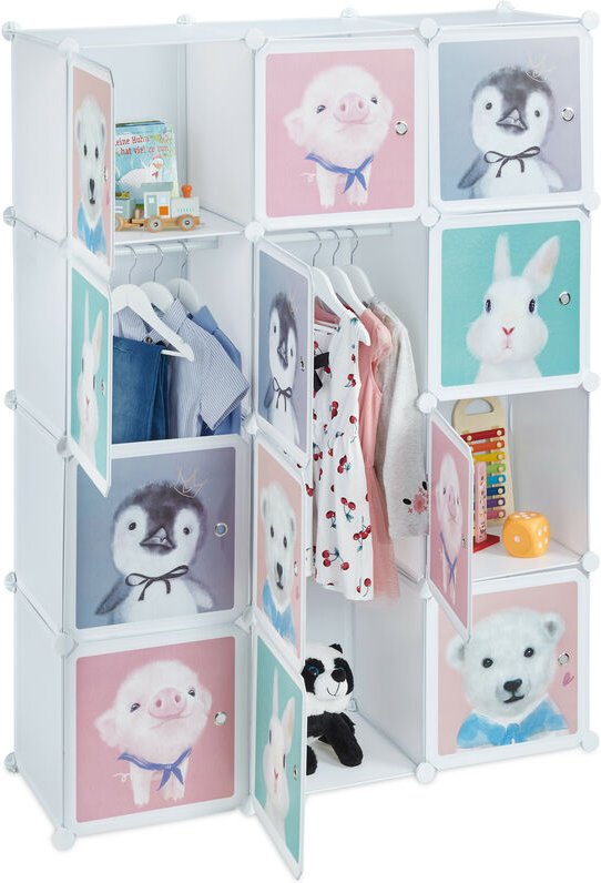 Relaxdays - Steckregal Kinder, 8 Fächer, mit Türen, Tier-Motive, Regalsystem für Kinderzimmer, HxBxT: 145x109x37 cm, wei...