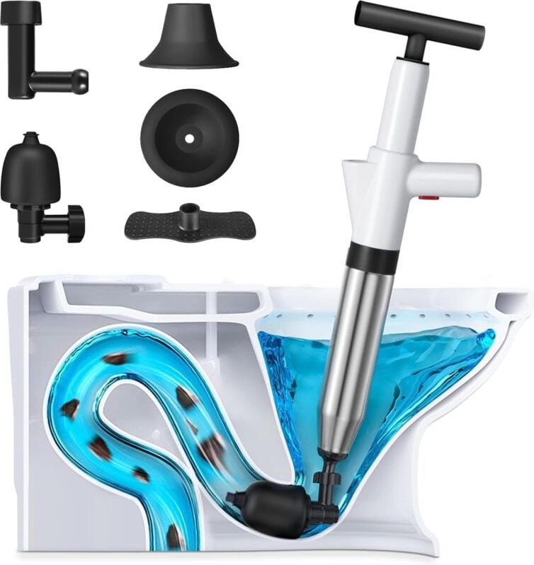 Thumbnail - Druckluft-Toilettenpümpel, Abflusspümpel mit Barometer, Toilettenpümpel mit 3 Pümpelköpfen und Inflator, Verstopfungsent...