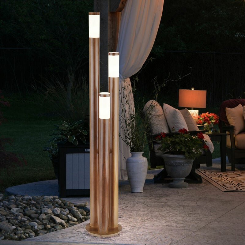 Wegeleuchten Außen Edelstahl Außenlampe Standleuchte Gartenleuchte Holzoptik, 3 flammmig Edelstahl, 3x E27, DxH 28 x 170...