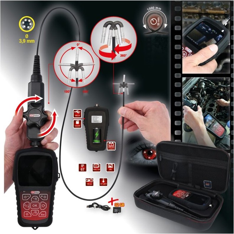 Ks Tools HD-Videoskop-Satz mit ø 3,9 mm 180° und 0° hd Frontkamera-Sonde, flexible pvc Hülle, 3-tlg