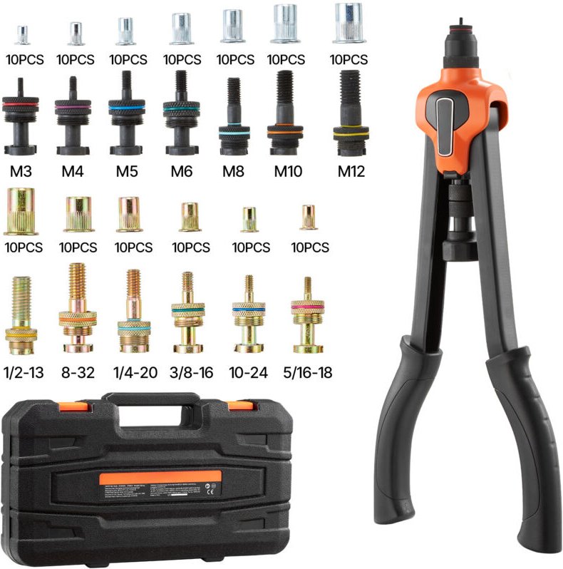 Mophorn Nietmutternzange Set 42 cm, zweihändige Nietzange mit 13 Aufsätzen & 130 Muttern in metrischen und SAE-Größen M3...