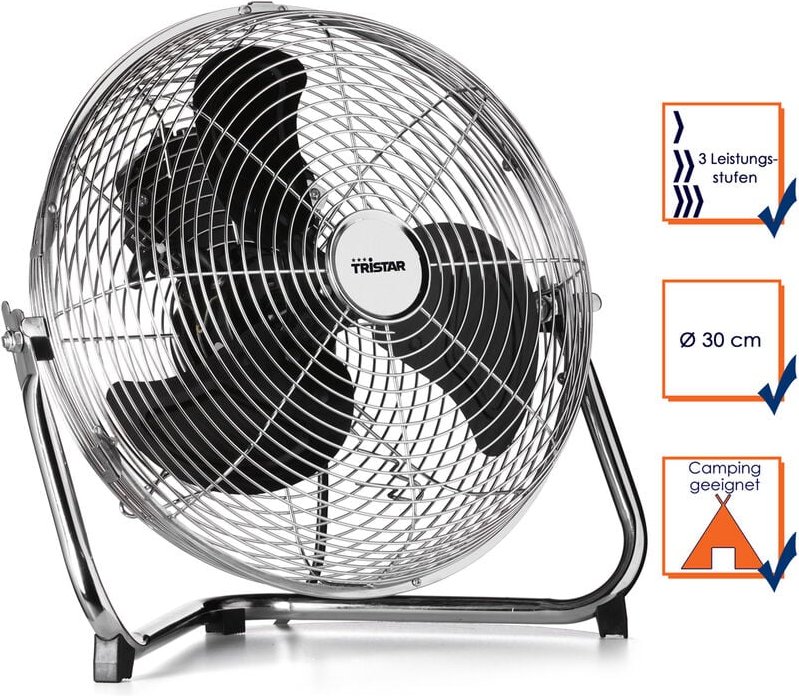 Tristar - Bodenventilator in silber, ø 30cm, 55 Watt, 3 Leistungsstufen, 130° Winkel