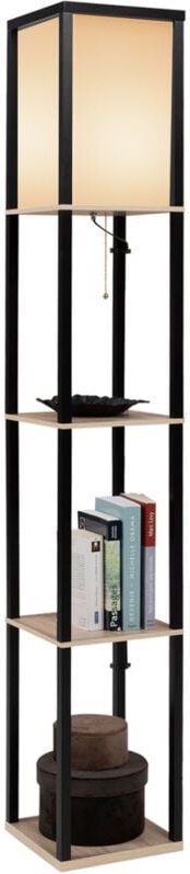 Industrielle Stehleuchte aus schwarzem Holz mit Regalen aus hellem Holz und weißem, quadratischem Lampenschirm