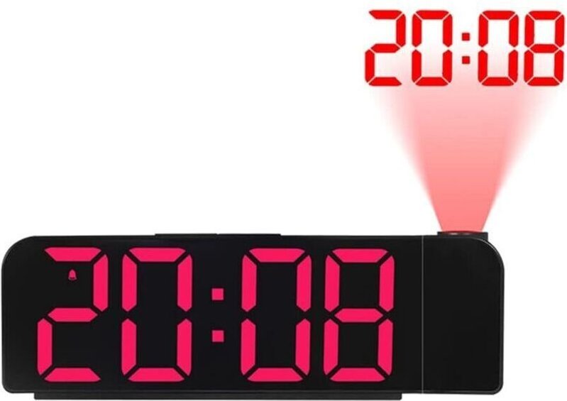 Drehbarer Projektionswecker mit 180°-Drehung, 12/24-Stunden-LED-Digitaluhr, USB-Ladefunktion und Deckenprojektor