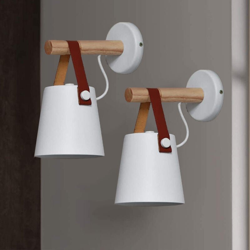 Wandleuchte Innen, Vintage E27 Wandlampe aus Holz Halter, Wandbeleuchtung mit Lampenschirm aus Leder für Schlafzimmer Wo...