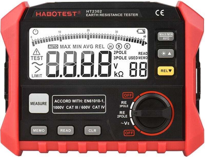 HABOTEST HT2302 Digitaler Erdungswiderstandstester 0 Ohm bis 4K Ohm, 100 Gruppen, Datenspeicherung, LCD-Display mit Hint...