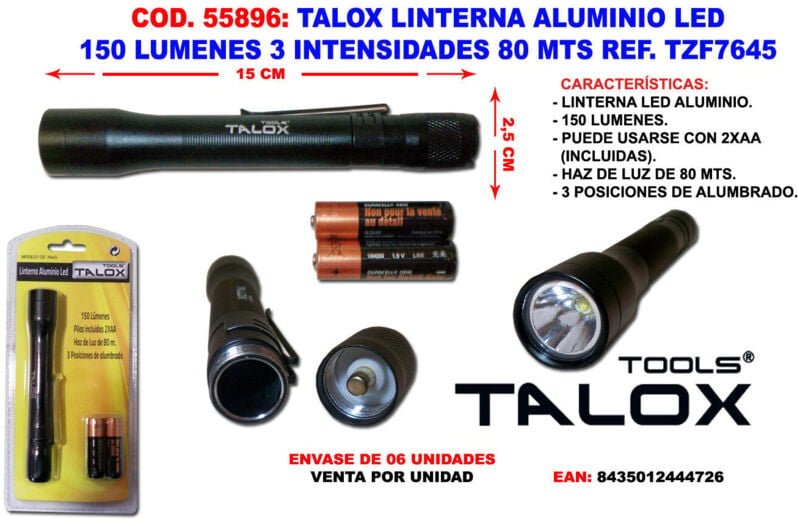 TALOX LED-Taschenlampe aus Aluminium, 150 Lumen, 3 Intensitäten, 80 m