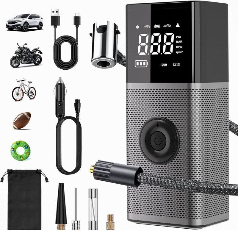 Tragbarer Luftkompressor, 6000-mAh-Akku, per USB wiederaufladbar, kabelloser Autoreifenfüller 150 PSI/10,3 Bar/12 V/120 ...