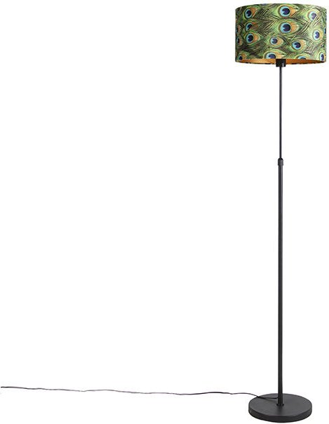 Schwarze Stehlampe mit Veloursschirm Pfau mit Gold 35 cm - Parte