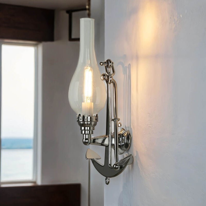 Wandlampe Maritim E14 Glas Echt-Messing dekorativ Wandleuchte innen Bad Flur Wohnzimmer