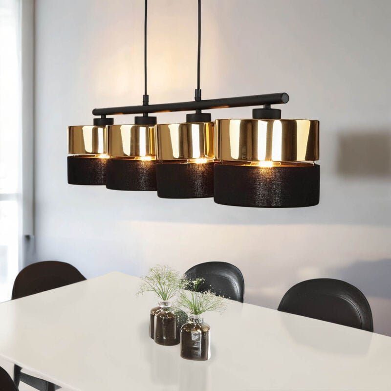 Thumbnail - Pendelleuchte Schwarz Gold 94 cm breit 4-flammig Metall Stoff E27 Hängelampe Hängeleuchte Esstisch Esszimmer Wohnzimmer