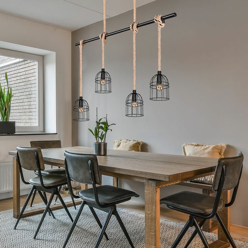 Pendelleuchte Hängeleuchte Esstischlampe Hängelampe Sisalseil Gitter Design, Metall schwarz, 4x E14 Fassungen, BxH 90 x ...