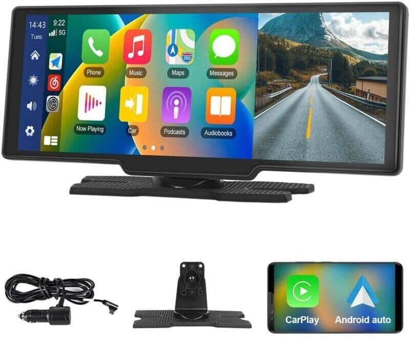 Tragbares 10,26-Zoll-Autoradio mit kabellosem Apple CarPlay und Android Auto, 7-32-V-Touchscreen, Rückfahrkamera, Sprach...