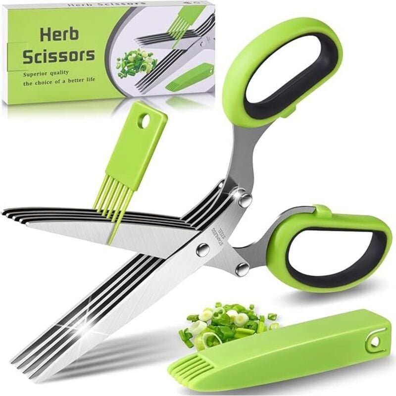 Kräuterschere, 5-Klingen-Küchenschere aus Edelstahl, Schnittlauchschere mit Sicherheitsdeckel und Reinigungskamm für aro...