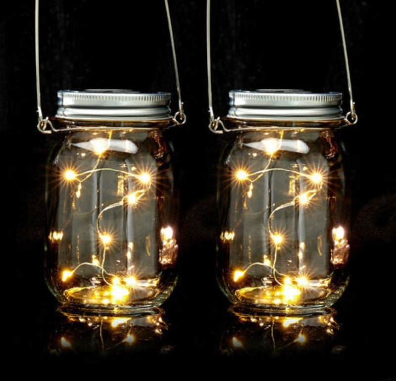 Solar Glas 2er Set, je 8 led im Einmachglas, stellen oder hängen, Solarleuchte für den Garten, transparent - Relaxdays
