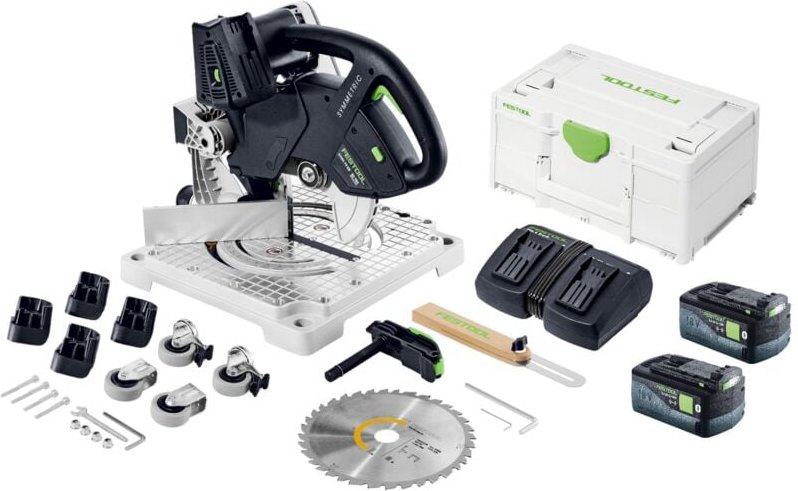 Festool SYMC 70 EB-Basic SYMMETRIC Akku Leistensäge 36 V ( 2 x 18 V ) 216 mm + 2x Akku 5,0 Ah + Doppelladegerät + Systai...