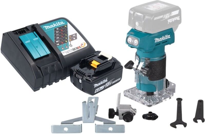 Makita DRT 52 RG1 Akku Kantenfräse 18 V 6 mm Brushless + 1x Akku 6,0 Ah + Ladegerät