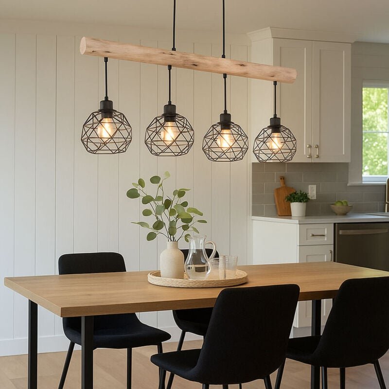 Vintage Pendel Decken Lampe Holz Balken Gitter Hänge Lampe schwarz im Set inkl. led Leuchtmittel