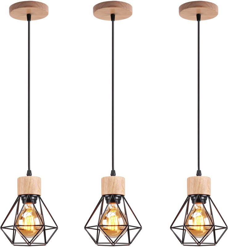 3er Pendelleuchte, Kronleuchter im Industri Stil, Antik Hängelampe mit Ø16cm Mini Diamant-Form Käfig E27 Halter für Wohn...