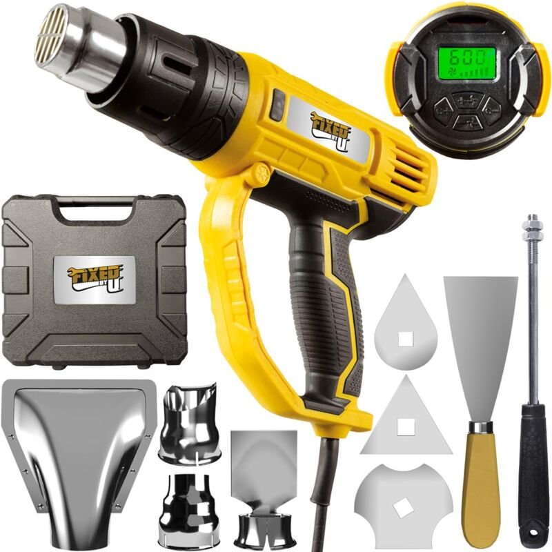 Grizzly Tools - FixedbyU Elektro-Heißluftpistole mit LCD-Anzeige, Temperatur & Luftstrom einstellbar von 60-600° c, umfa...