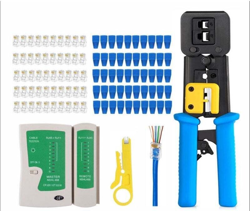 Kabeltester + RJ45-Crimpzange für Pass Through CAT6 Cat5e Cat5, Crimpzange für Standard RJ45/RJ11, 50 Stück CAT5 CAT5e-S...