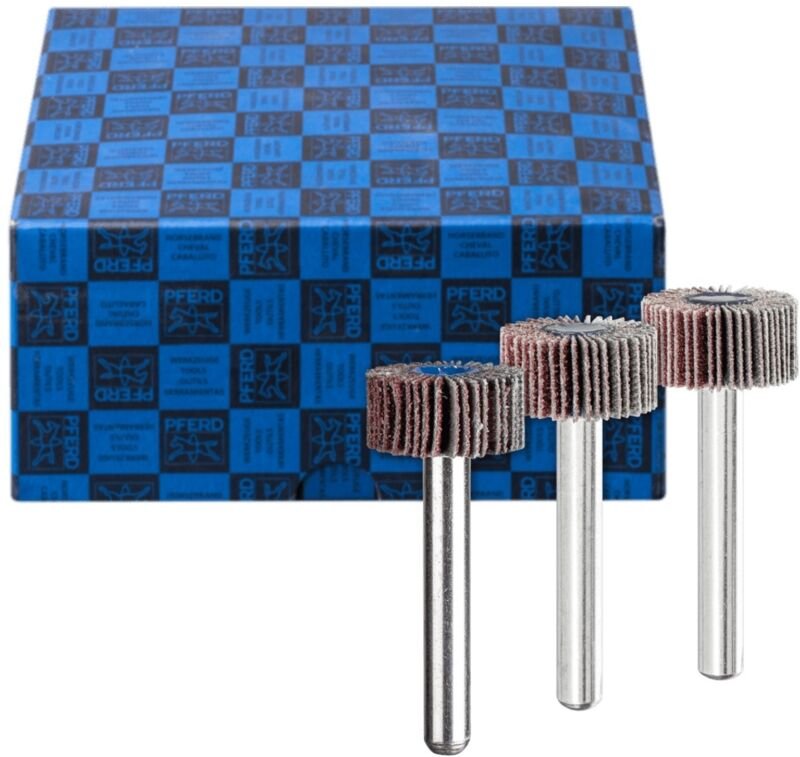 Pferd - Fächerschleifer-Set 3-tlg. Korund ø 20x10mm Schaft-Ø 6 mm A60, 80,120 für Feinschliff und Finish