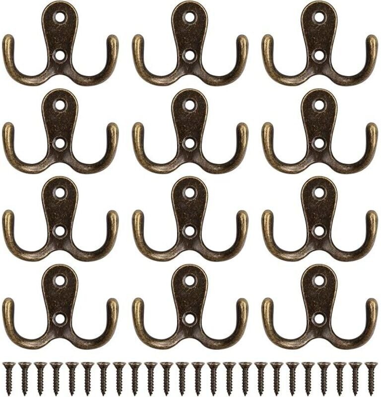 Sollbry - 12 Stück Wandgarderobenhaken, Retro-Garderobenhaken, Doppelhaken Retro-Wandgarderobe aus Metall mit 24 Schraub...